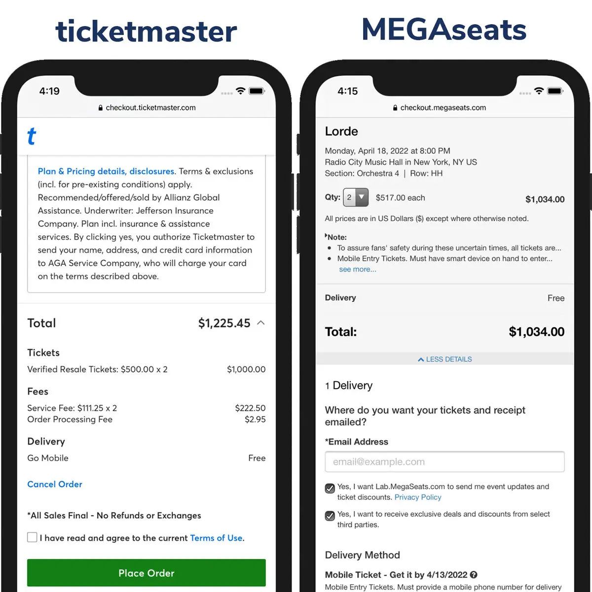 Screenshot of Ticketmaster price vs MegaSeats Price on Checkout Page
