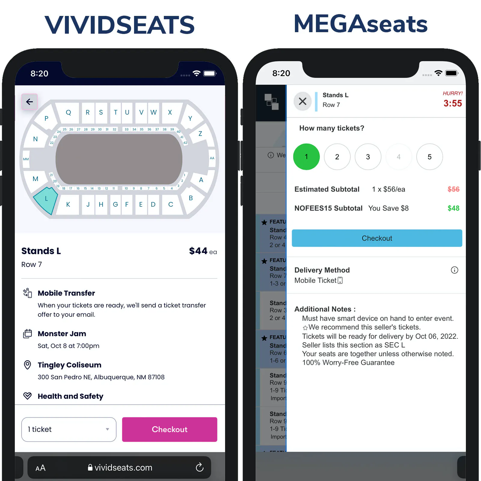 Screenshot of Ticketmaster price vs MegaSeats Price on Maps Page